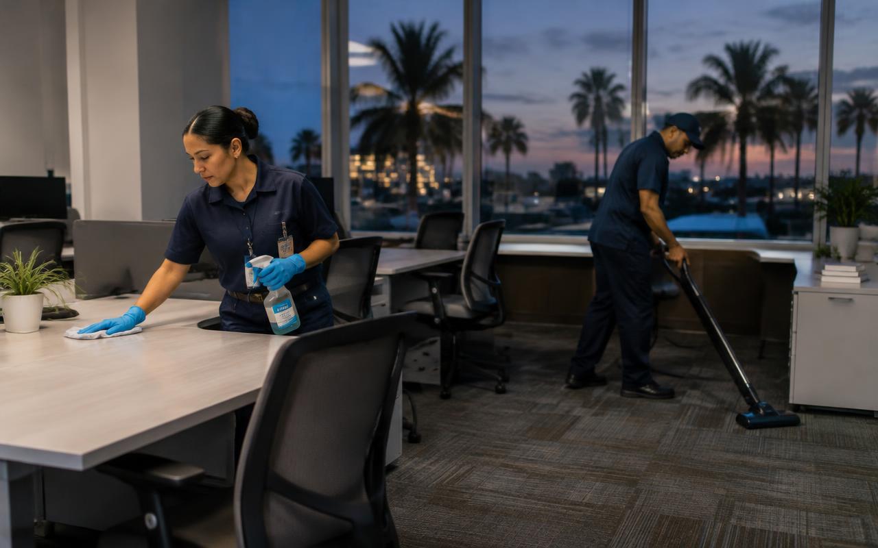 Evening janitorial crew disinfecting desks and vacuuming carpet in a commercial office — office cleaning in Riverview, FL by Florida Commercial Cleaning