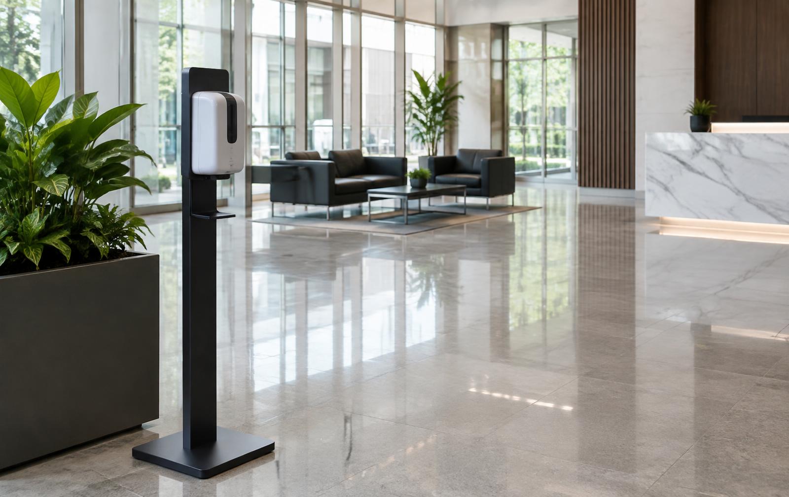 Clean commercial building lobby with a hand sanitizer station