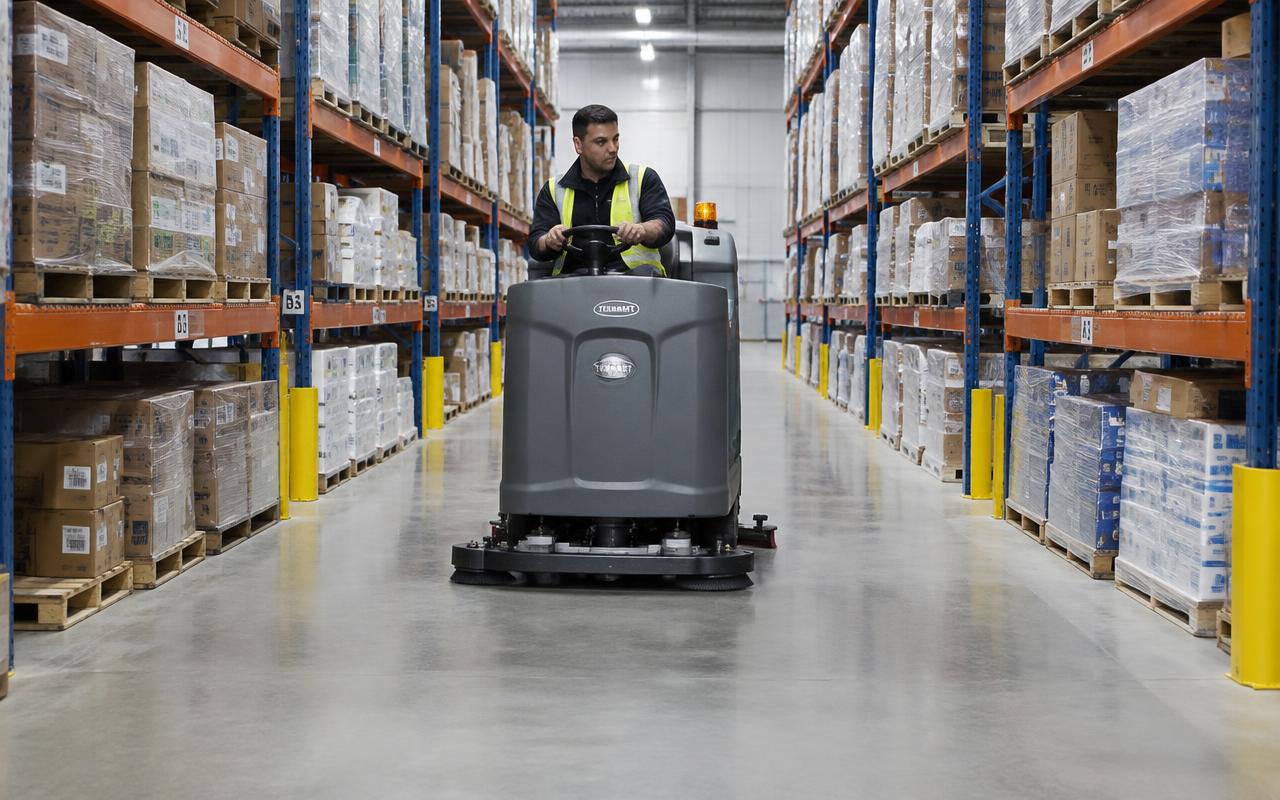 Ride-on floor scrubber cleaning a warehouse aisle between pallet racks — warehouse cleaning in Riverview, FL by Florida Commercial Cleaning